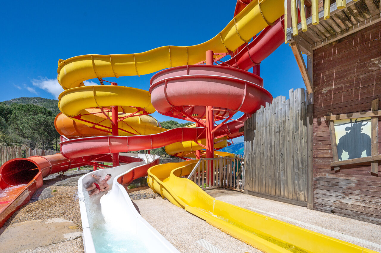 Large colorful water slide complex at CAPFUN Pachacaid campsite in La Mole (83).