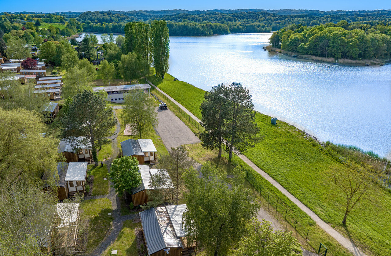 Aerial view campsite, Mobile homes and lake, CAPFUN Palais de Gaufrette, R�mering (57).