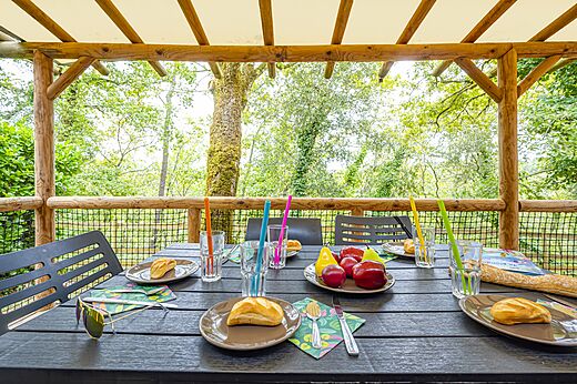 Set dining table on accommodation terrace, at CAPFUN Palombi�re campsite in SAINT-NATHALENE (24).