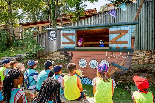 Puppet show for children on pirate stage at campsite CAPFUN Palombi�re in SAINT-NATHALENE.