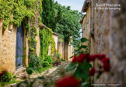 Historic cobblestone street and flowery houses in Saint Macaire, Gironde.