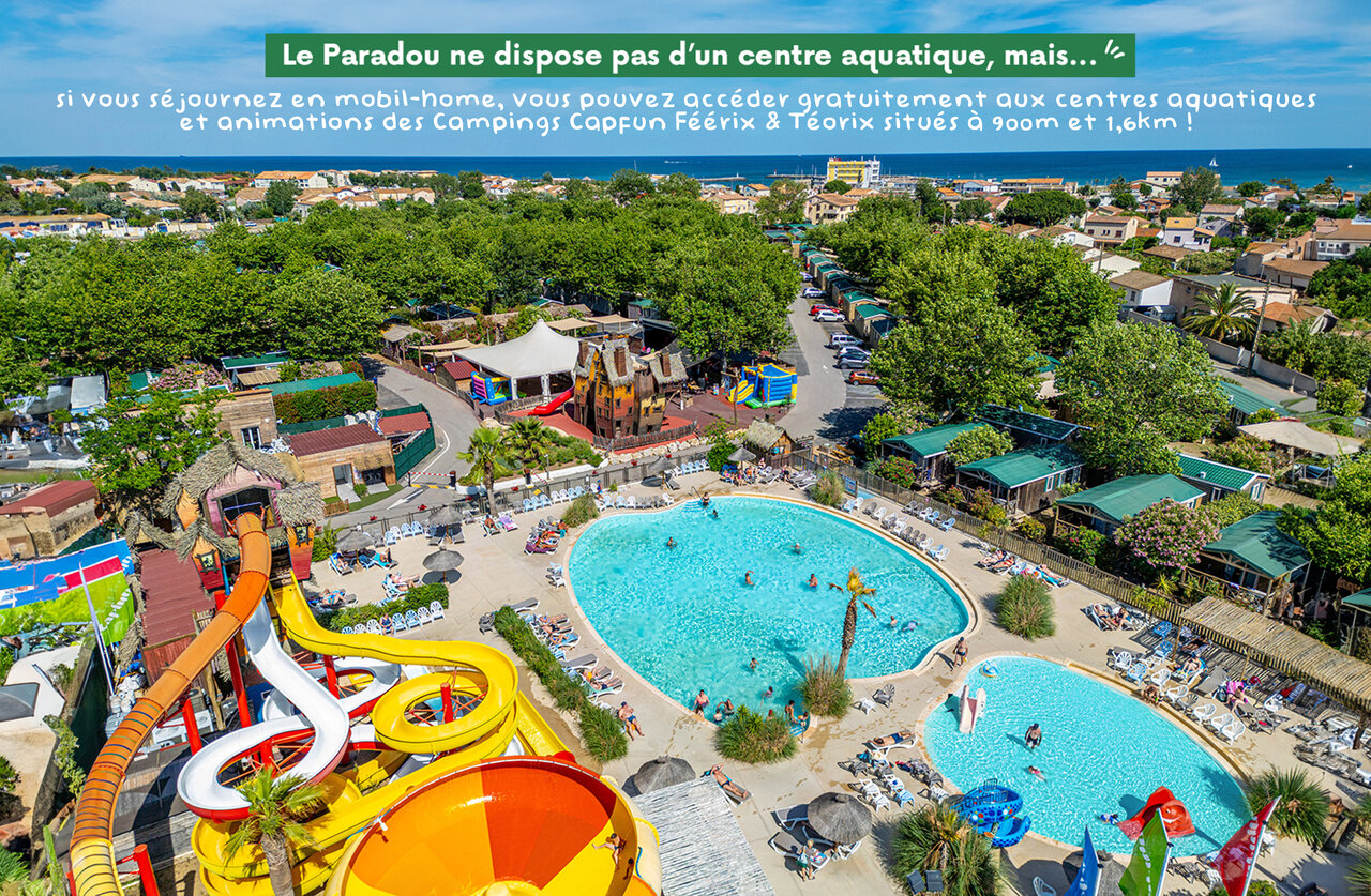 Aerial view of water park, slides, pools at CLICOCHIC Paradou, Marseillan-Plage (34).