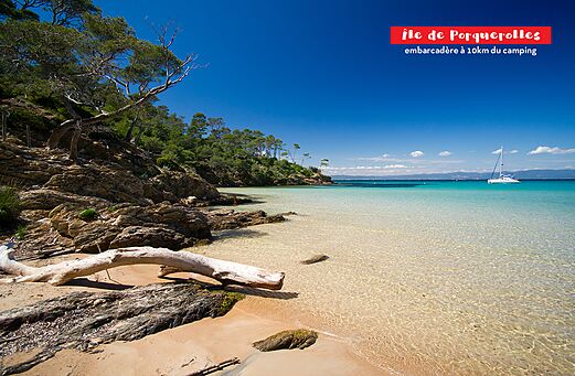 Paradise beach of Porquerolles Island, turquoise waters and rocky coastline.
