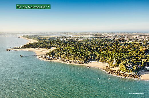 Aerial view of Île de Noirmoutier, its beaches and forests, Vendée.