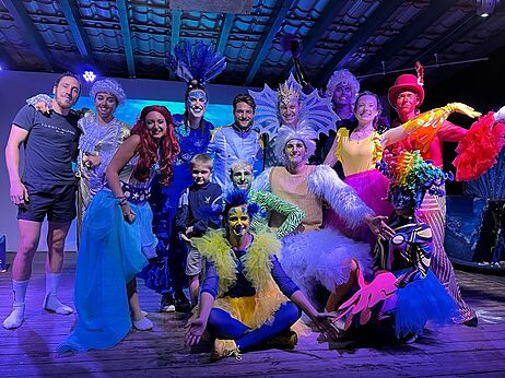 Costumed animation team on stage at CAPFUN Pin�da campsite, CAZAUX (33).