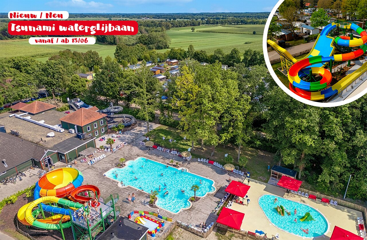 Outdoor pools and water slides, new Tsunami, at CAPFUN Ponderosa campsite in Ulicoten.