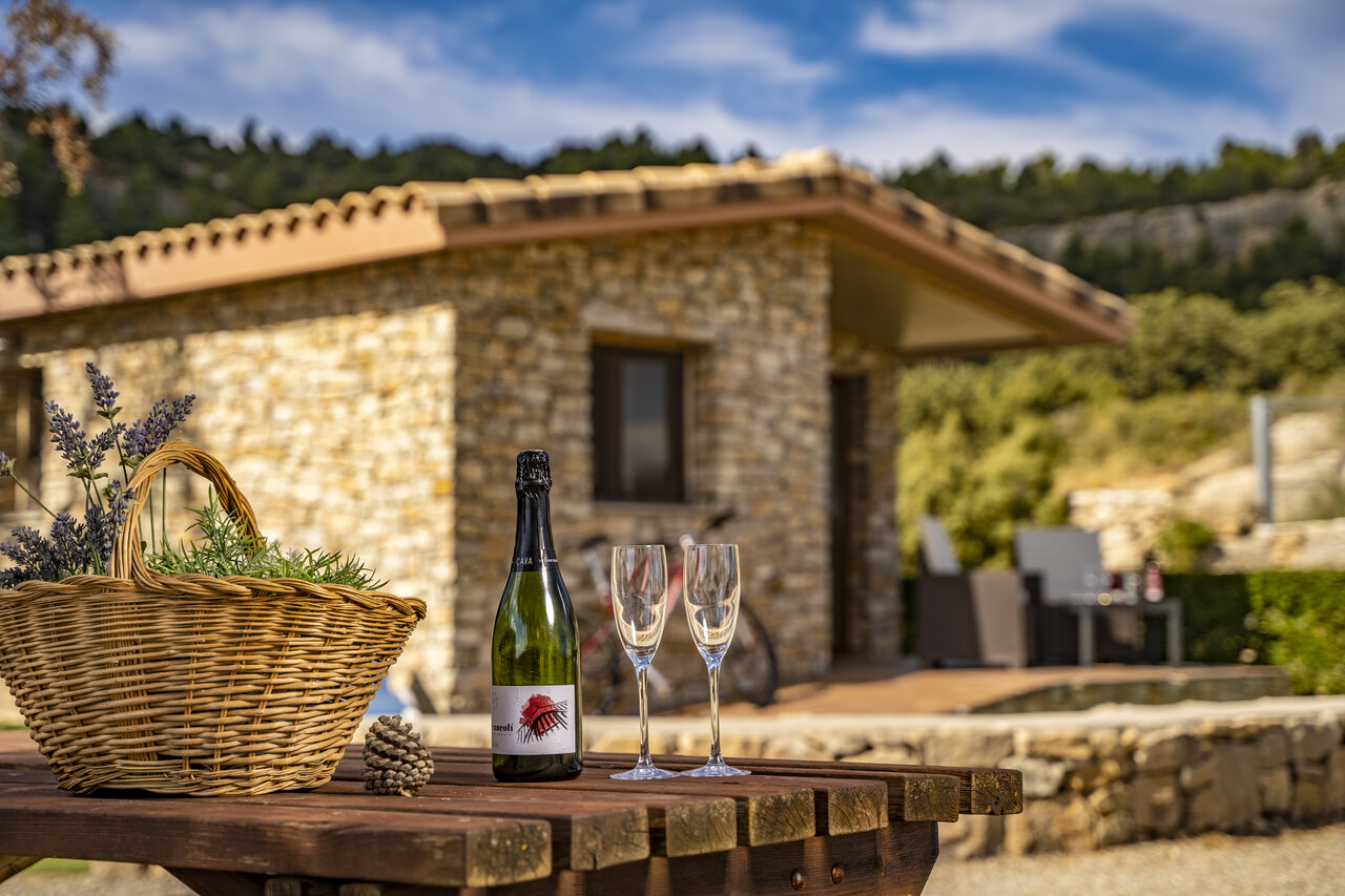 Stone Mobil-home, Cava and glasses at CAPFUN Serra de Prades campsite (43).
