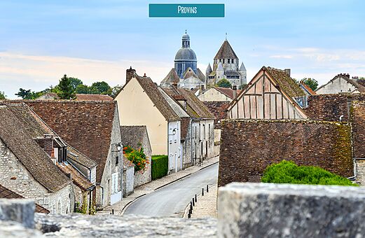 Medieval town of Provins, ancient rooftops, cobbled streets and historic monuments.