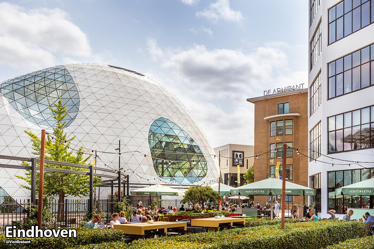 Modern architecture and lively terraces in Eindhoven city center, Brabant.