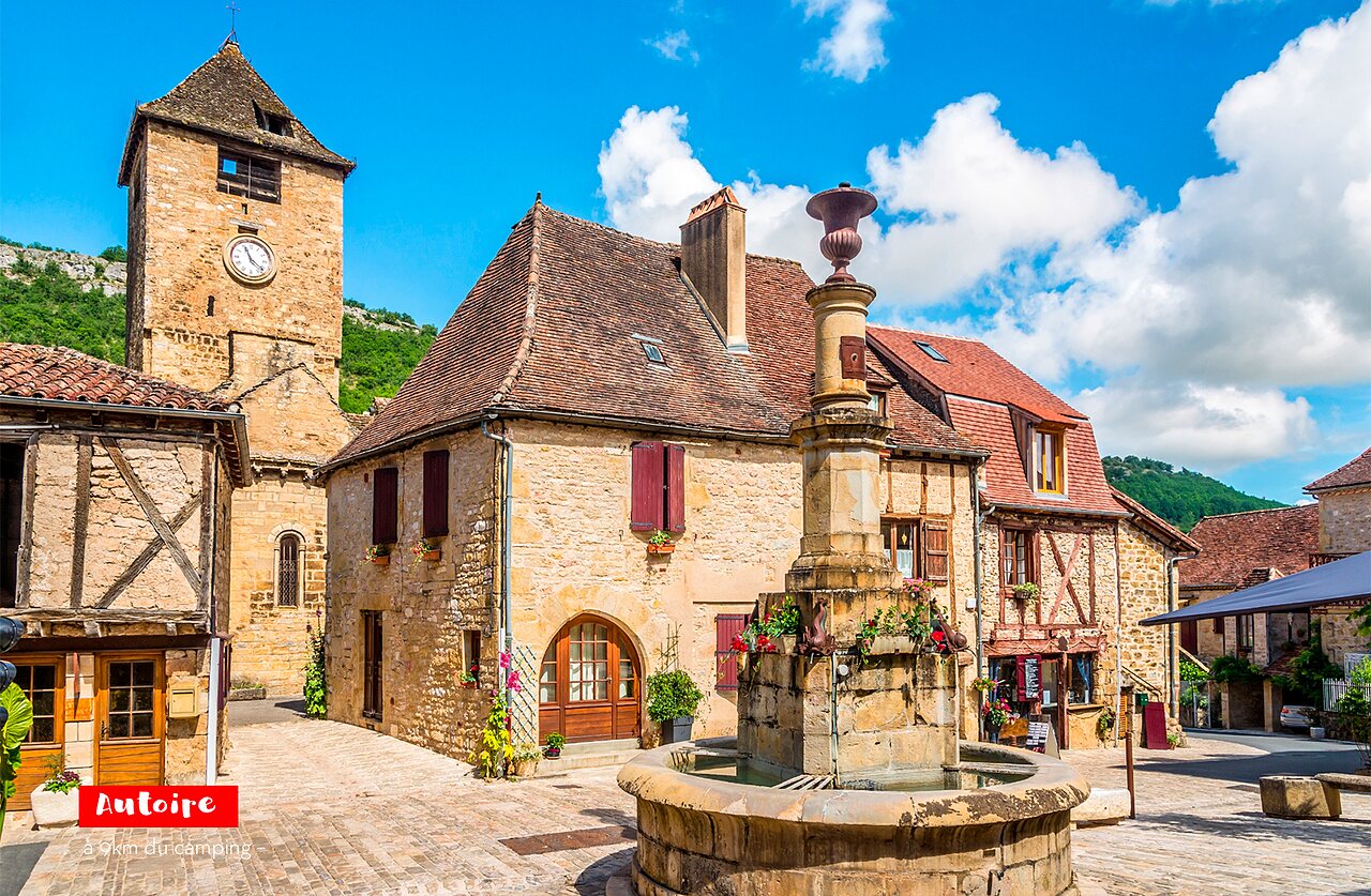 Medieval village of Autoire, Lot, with its fountain and clock tower, to visit.