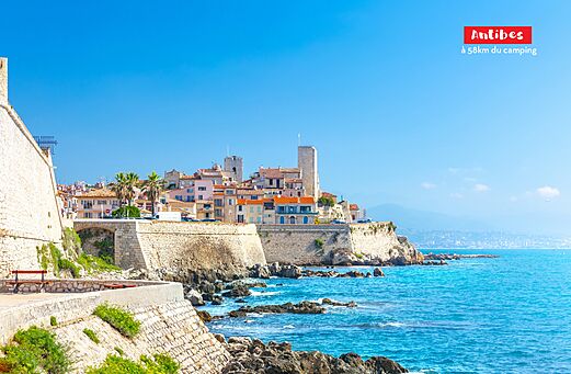 Old town of Antibes, historic ramparts and Mediterranean Sea on the French Riviera.
