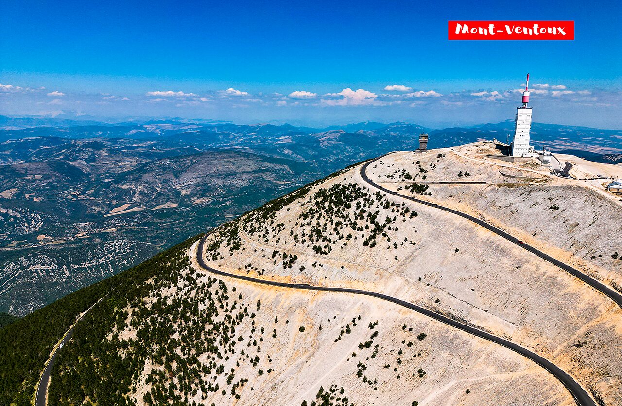 Mont Ventoux summit with its observatory, winding road in Provence.