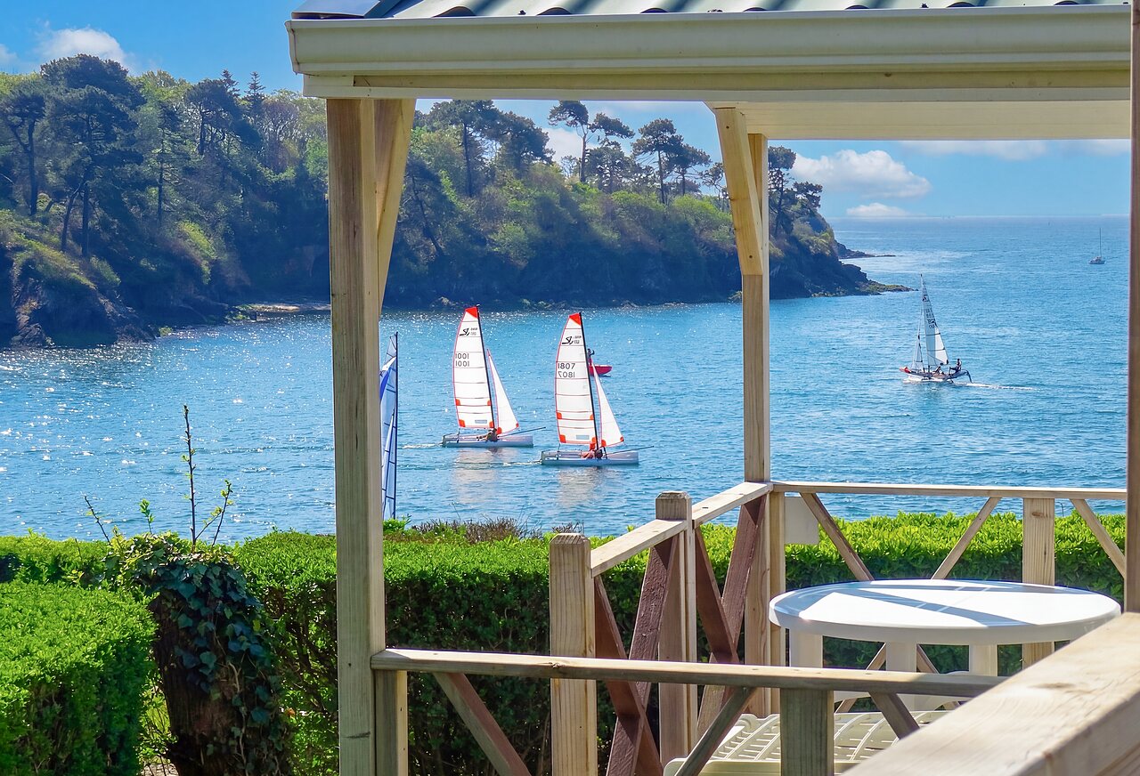 Catamarans on the sea, view from Mobil-home terrace at CAPFUN Saint Laurent campsite in LA FORET FOUESNANT (29).