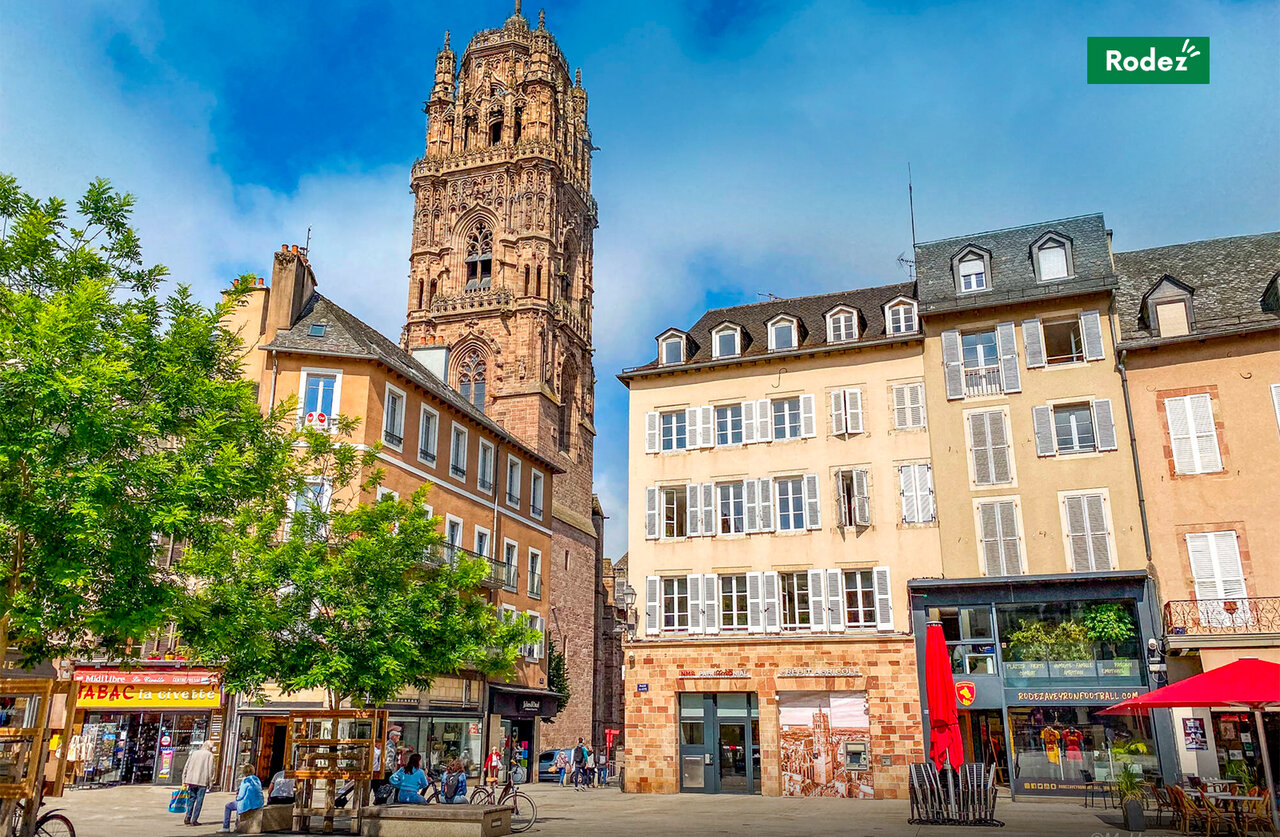 Rodez Cathedral and lively historic square, a must-visit place near the campsite.