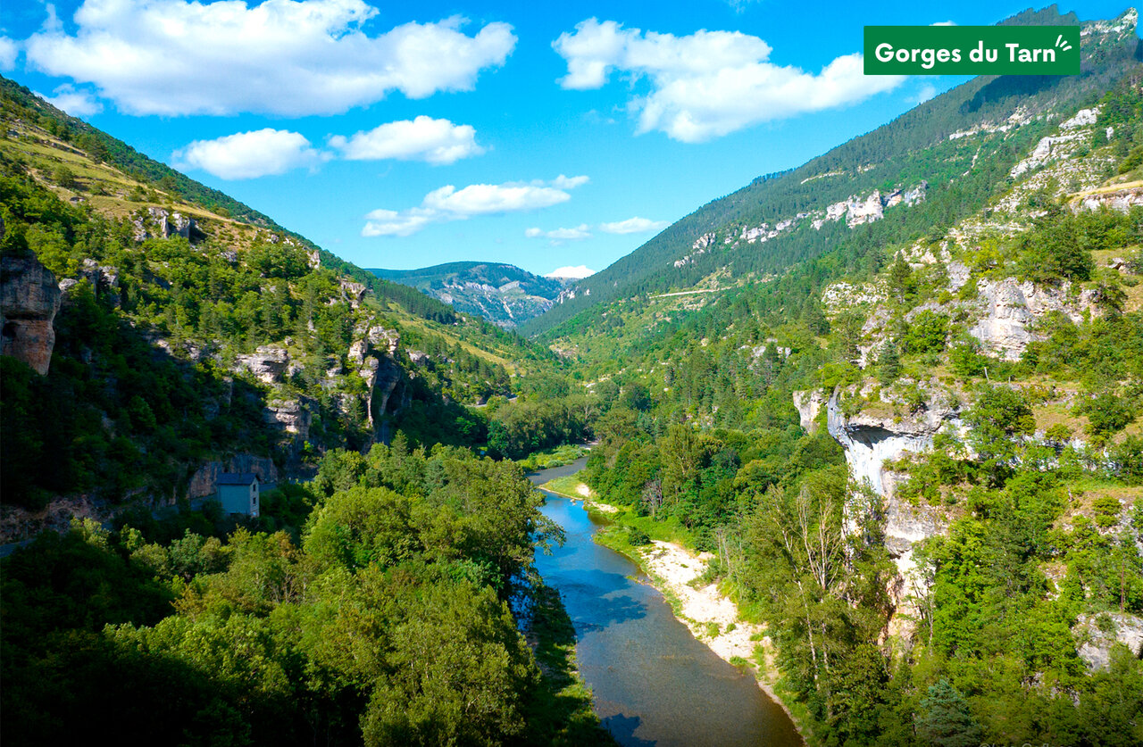 Gorges du Tarn, winding river and green cliffs, tourist spot in Occitania.
