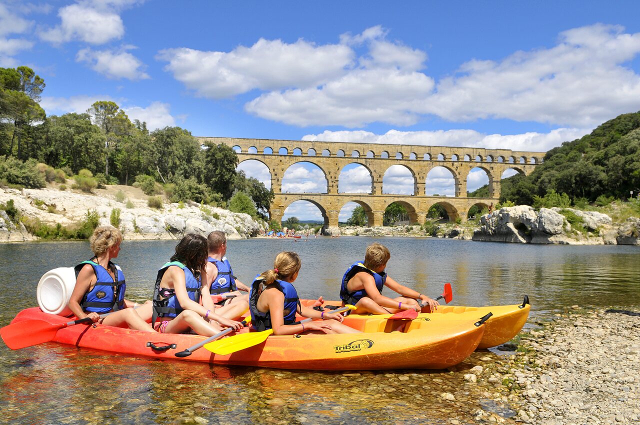 Kayaks on the Gardon river, Pont du Gard, at CAPFUN Soubeyranne campsite.
