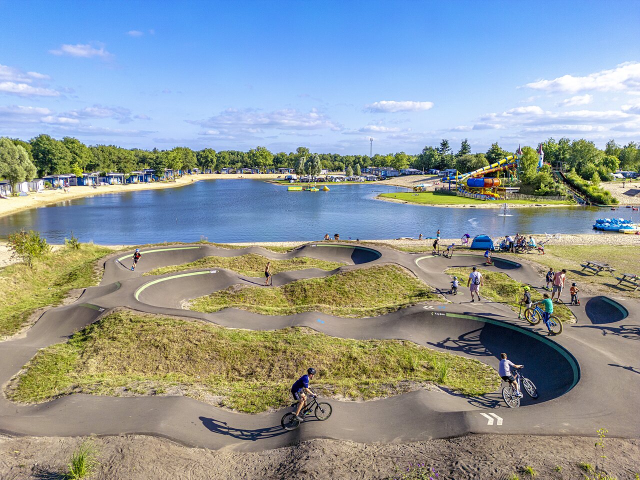 Pumptrack and lake beach at CAPFUN Vakantiepark Capfun het Stoetenslagh campsite Rheezerveen.