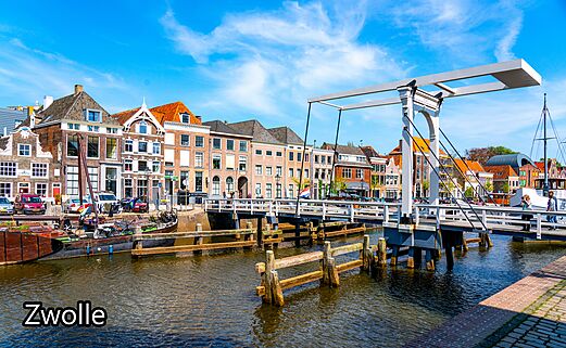 Drawbridge over a canal with historic houses in Zwolle, Netherlands.