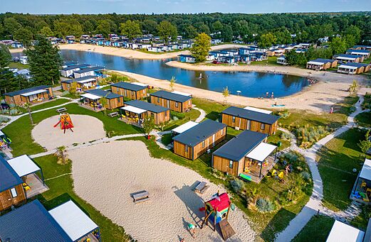 Aerial view of camping with Mobile homes and beach at CAPFUN Vakantiepark Capfun het Stoetenslagh in Rheezerveen.