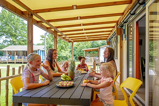 Covered Mobile home terrace with family at CAPFUN Vakantiepark Capfun het Stoetenslagh campsite in Rheezerveen.