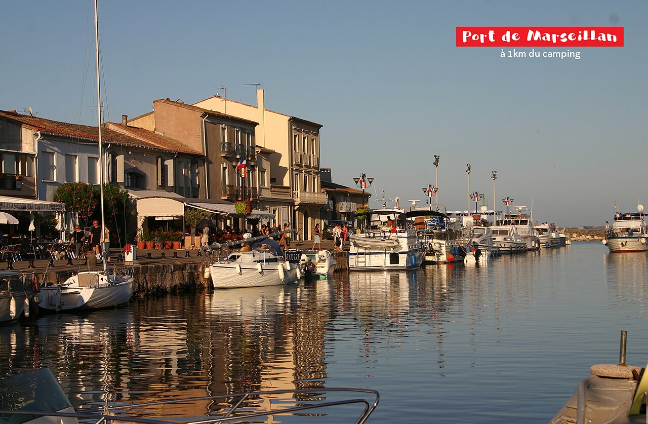 Port of Marseillan with moored boats and lively terraces, H�rault, Occitanie.