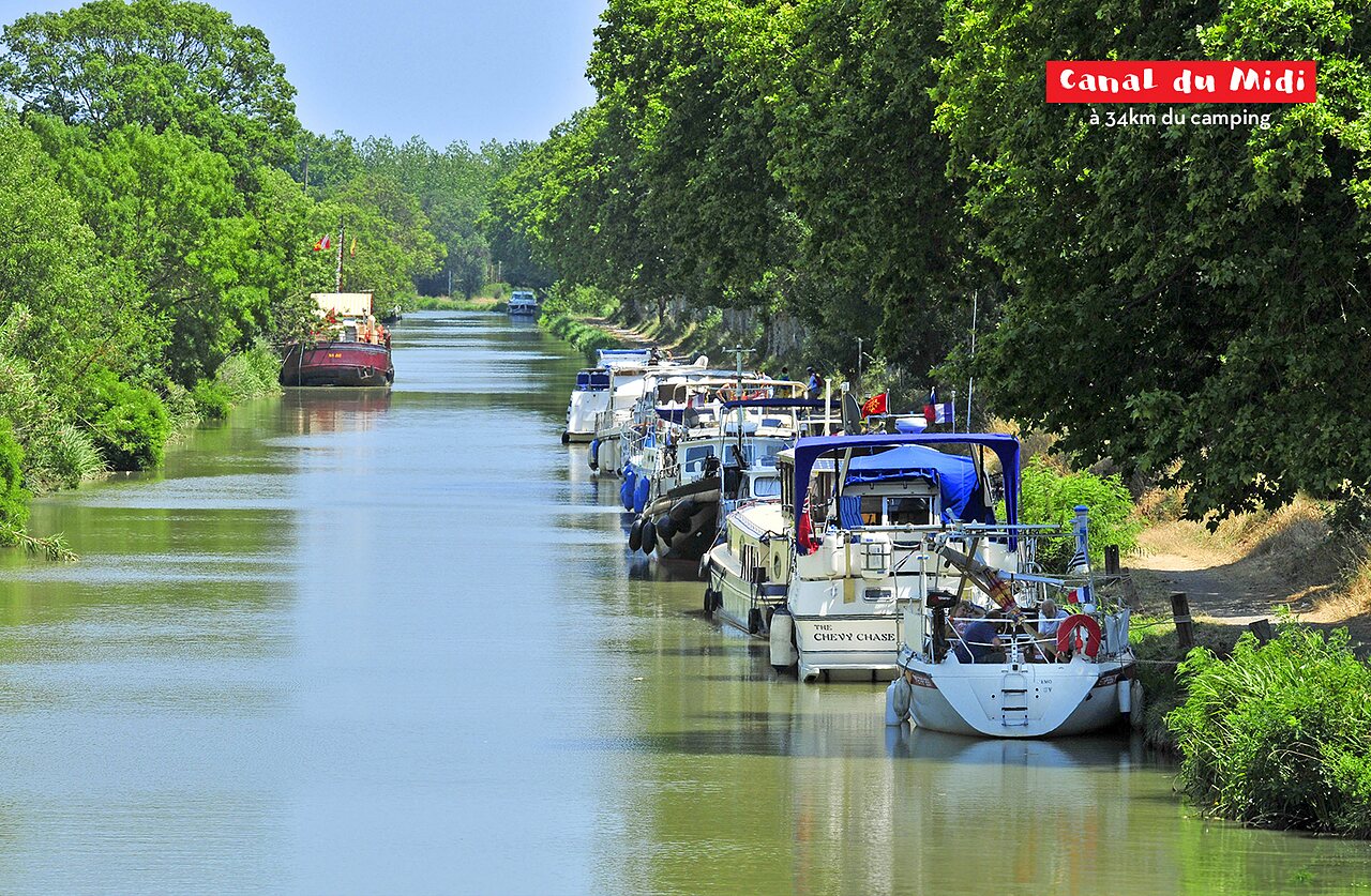 Canal du Midi, historic waterway with trees and moored barges.