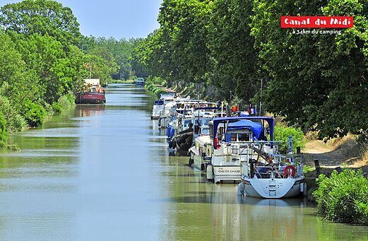 Canal du Midi, historic waterway with trees and moored barges.
