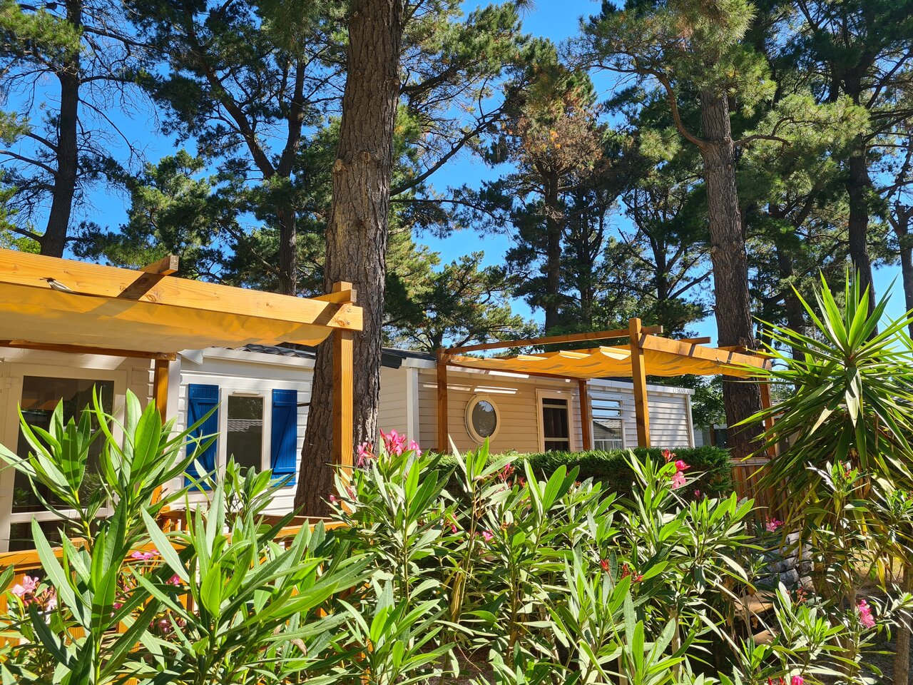 Shaded Mobile homes with pergolas and lush vegetation at CLICOCHIC Texas campsite in Argel�s sur Mer (66).