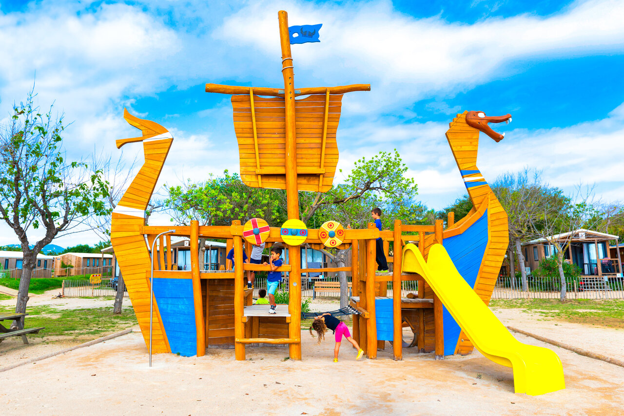 Viking ship playground with slide at CAPFUN Tordera-Nacions campsite in Malgrat de Mar.