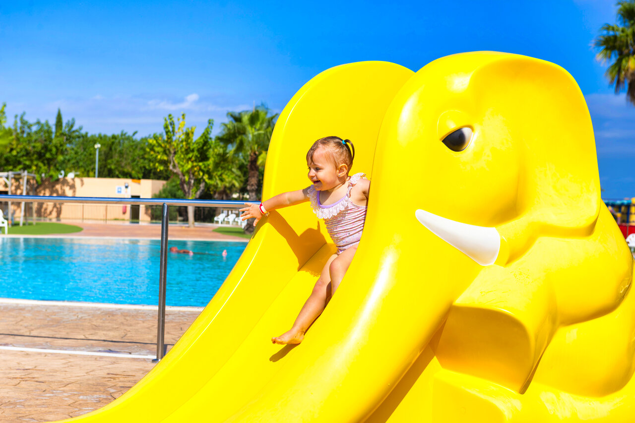 Yellow elephant slide for children, pool, CAPFUN Tordera-Nacions Malgrat de Mar.