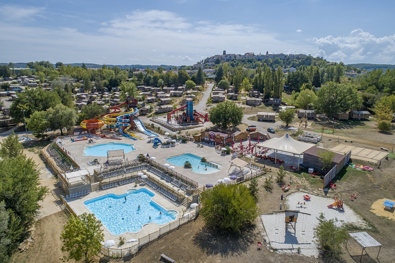 Aerial view water park, Mobile homes at CAPFUN Ullule, Tournon d'Agenais (47).