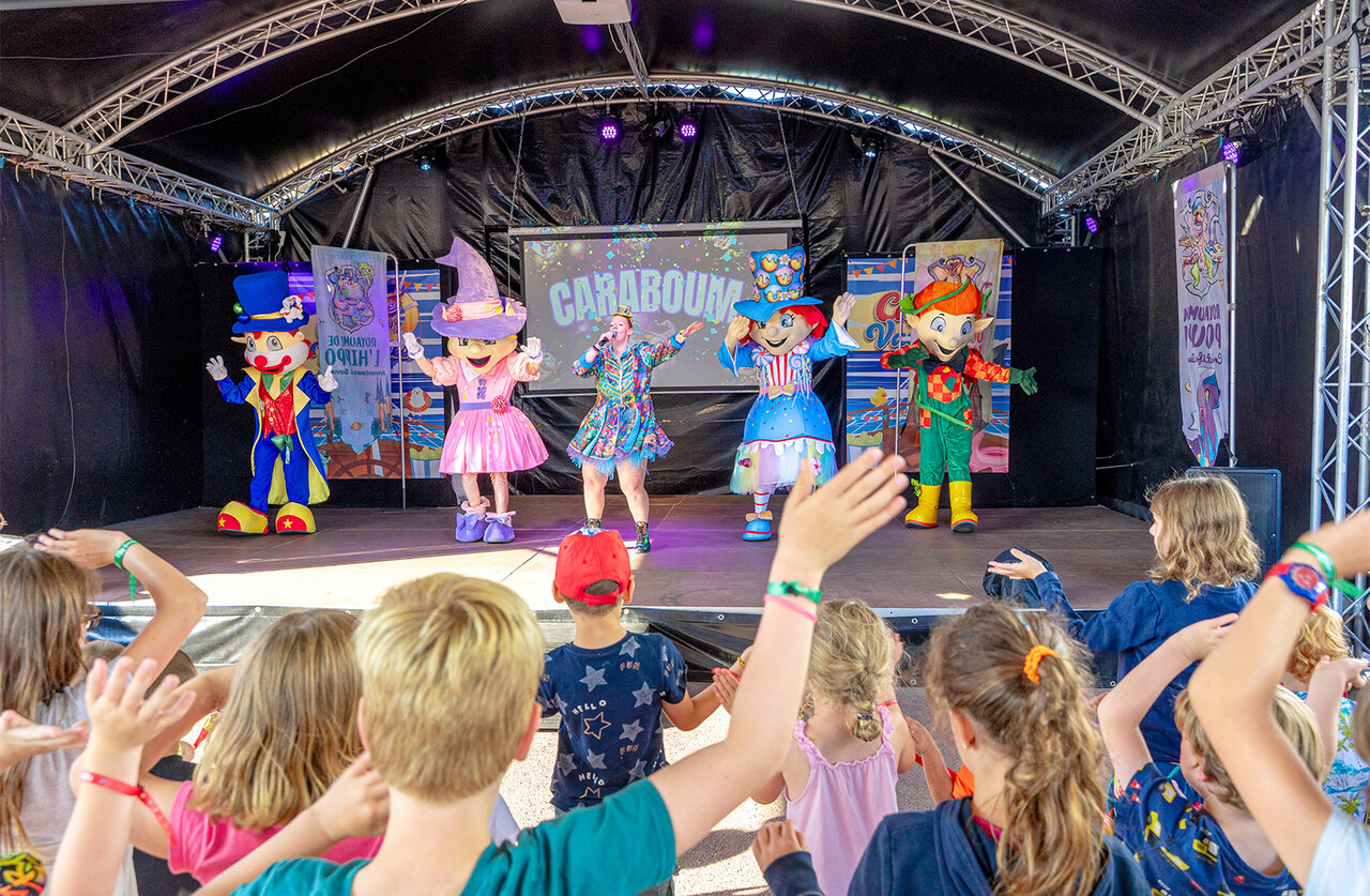 Caraboum animation show with mascots for children at CAPFUN Vikings campsite in Saint Jean de la Rivi�re (50).