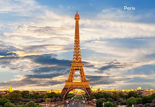 Iconic Eiffel Tower at sunset in Paris, France.