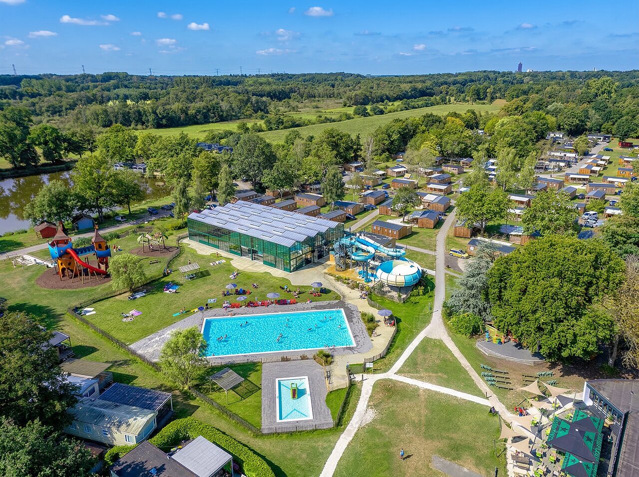 Aerial view of the campsite, pools, slides and Mobil-homes at CAPFUN Vlinderloo Enschede.