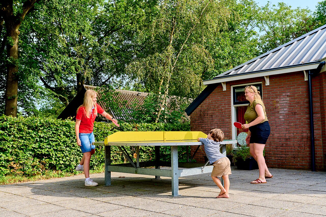 Family playing outdoor table tennis at CAPFUN De Waldsang campsite in Bakkeveen.