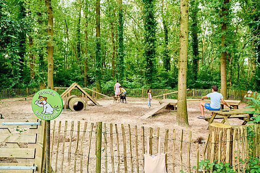 Fenced dog playground with agility equipment at CAPFUN De Waldsang campsite in Bakkeveen.