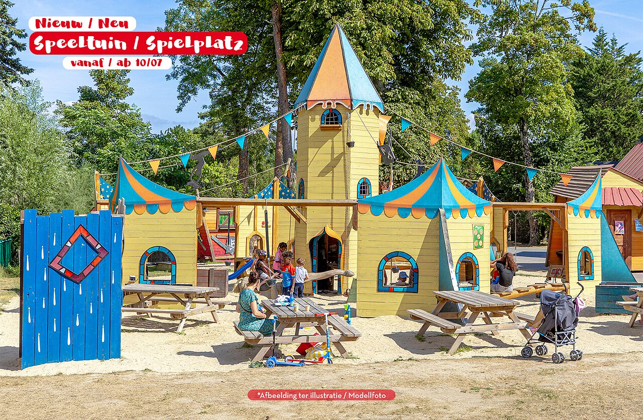 New castle-themed playground with children at CAPFUN Wondermolen campsite in Molenschot.