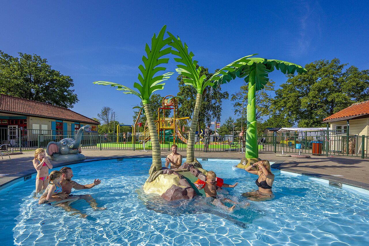 Family pool with water games, palm trees and elephant at CAPFUN Wondermolen campsite.